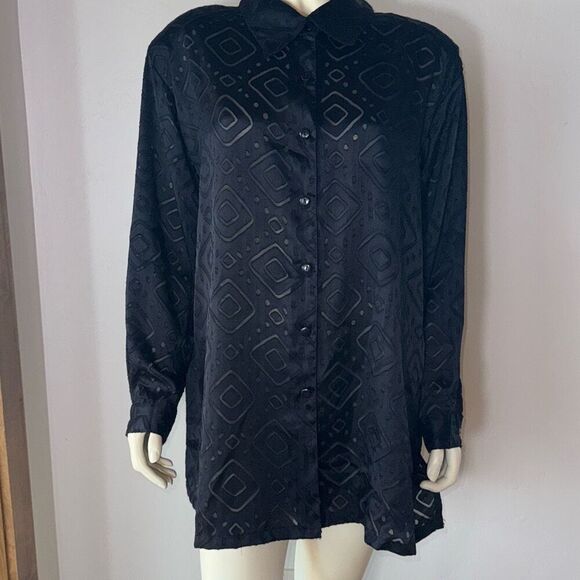 Vintage 80’s 90’s Geometric Sheer Black Oversized Button Down Shirt Size 1X - Picture 7 of 16